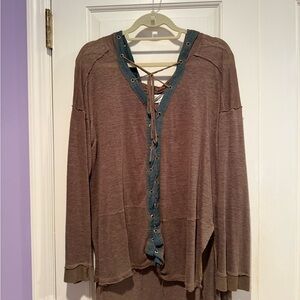 Vintage Havana Brown Blouse with Teal Lace-Up